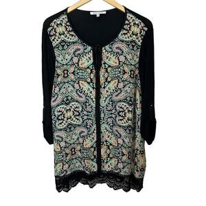 Rose + Olive Woman's Tunic Top‎ 1X Black Tie Neck Roll Tab Sleeve Paisley Blouse